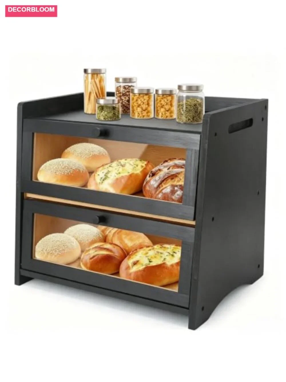 Large Double Layer Bamboo Bread Box with Clear Window and Magnetic Closure